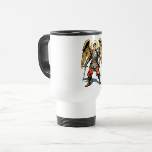 Retro Comic Style St Michael Travel Mug Reisebecher (Vorderseite Links)