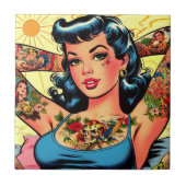 Retro Comic Tattoo Girl Fliese (Vorderseite)