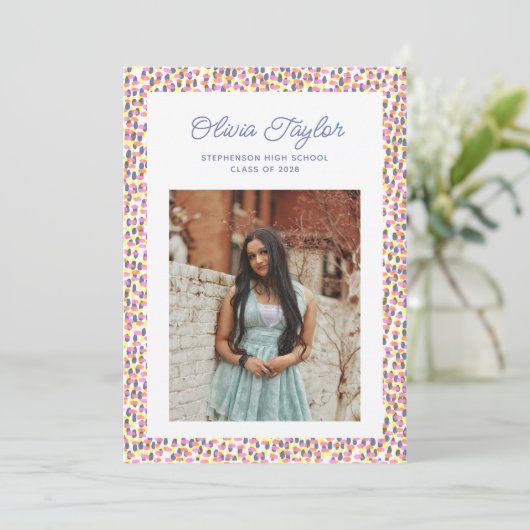 Retro Confetti Dots Fun Border Foto Abschluss Ankündigung (Stehend Vorderseite)