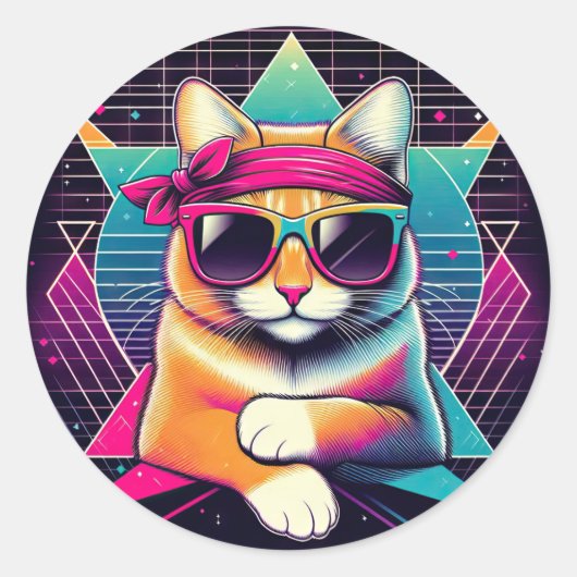 Retro Coole Katze Runder Aufkleber (Vorderseite)