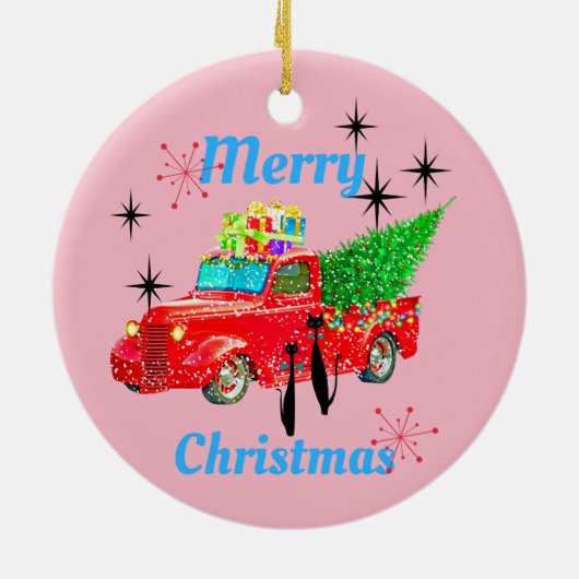 Retro coole Katzen-roter LKW-Baum MCM Keramik Ornament (Hinten)