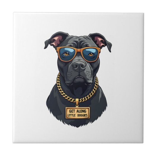 Retro cooler Pitbull mit Sonnenbrille und Goldkett Fliese (Vorderseite)