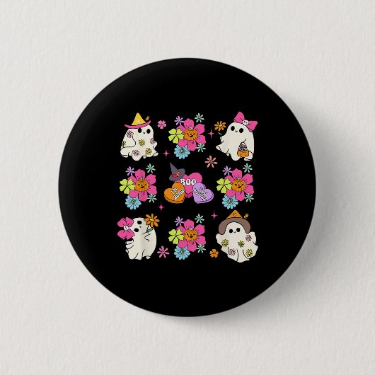 Retro Coquette Boo Ghost Bow Pumpkin Blume Hallo Button (Vorderseite)