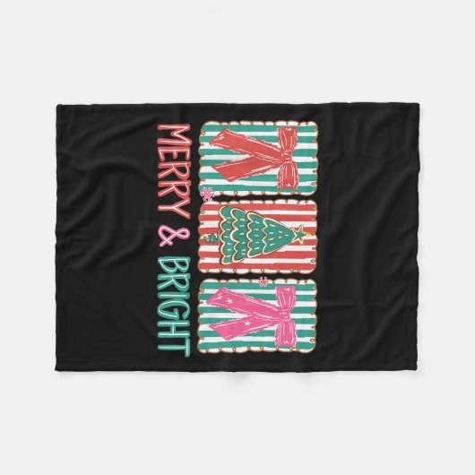 Retro Coquette Bow frohe und helle Weihnachtsbaum Fleecedecke (Vorderseite (Horizontal))