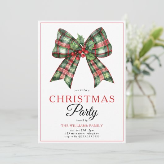 Retro Coquette Bow Script Weihnachtsbaum Party Einladung (Stehend Vorderseite)