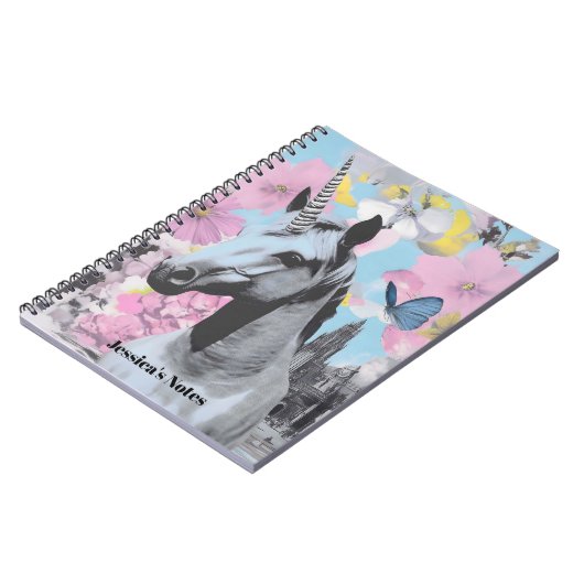 Retro Coquette Pink und Blue Unicorn Collage Notizblock (Linke Seite)