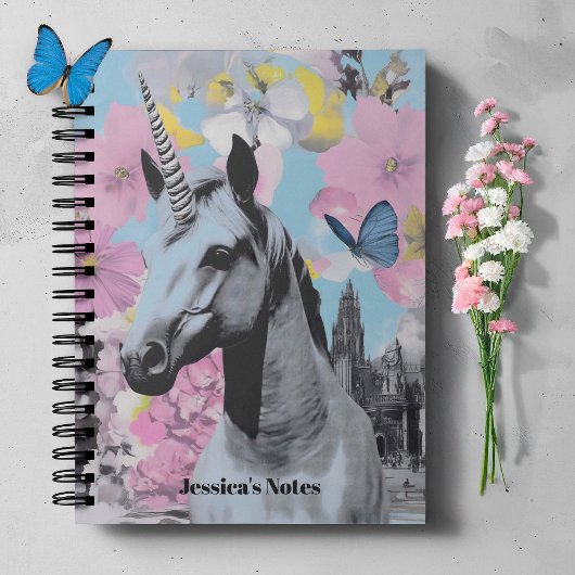 Retro Coquette Pink und Blue Unicorn Collage Notizblock