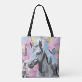 Retro Coquette Pink und Blue Unicorn Collage Tasche (Rückseite)