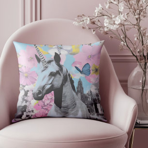 Retro Coquette Rosa und Blaues Einhorn Collage Kissen