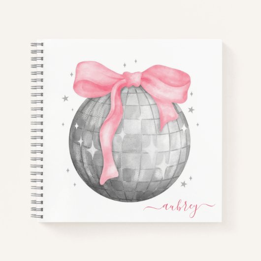 Retro Coquette Silber Disco-Kugel Rosa Schleife Notizblock (Vorderseite)