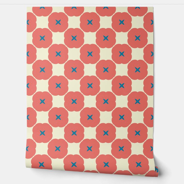 Retro Coral & Blue Graphic Floral Wallpaper Tapete (Abrollen)