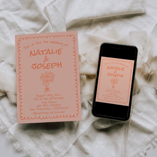 Retro Coral Hand Drawn Written Quirky Fun Wedding Einladung