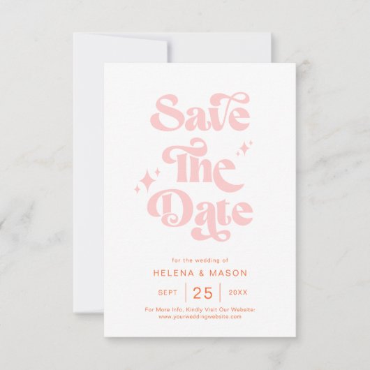 Retro Coral Pink Groovy Script Sommerhochzeit Save The Date (Vorderseite)