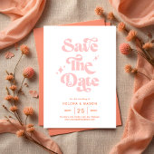 Retro Coral Pink Groovy Script Sommerhochzeit Save The Date