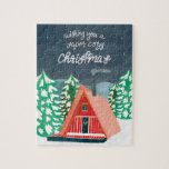 Retro Cosy Cabin the Woods Christmas Puzzle<br><div class="desc">Eine Abbildung einer Retro-Vintagen A-Frame-Hütte im Wald und das Zitat "Wünschen Sie sich ein herrlich gemütliches Weihnachtsfest" mit originellen Handschriften.</div>