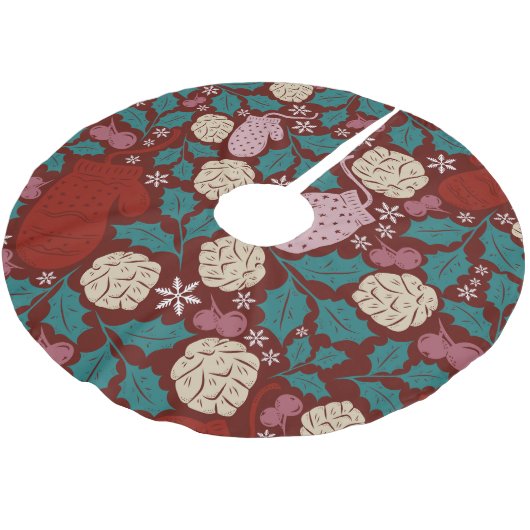 Retro Cosy Christmas Pattern Red Green Polyester Weihnachtsbaumdecke (Schrägansicht)