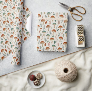 Retro Cottagecore Pilze und Blätter Druck Geschenkpapier