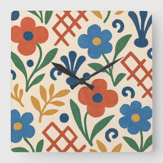 Retro Country Floral Trellis Muster Quadratische Wanduhr (Vorderseite)