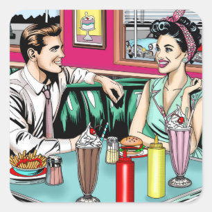 Retro-Couple aus den 50er Jahren bei Diner Blank Quadratischer Aufkleber
