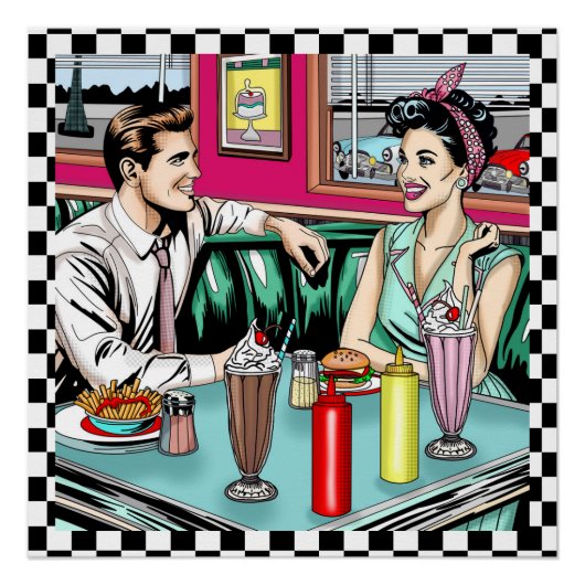 Retro Couple aus den 50er Jahren bei Diner Poster (Vorderseite)