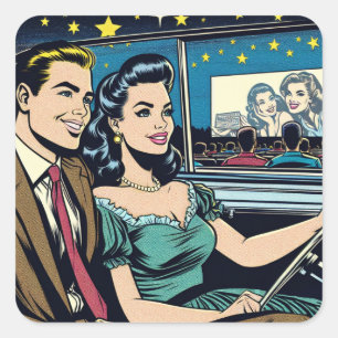 Retro Couple beim Drive-In-Film Quadratischer Aufkleber