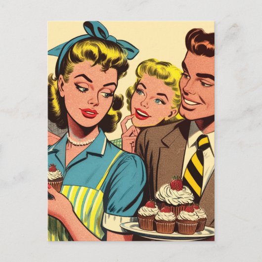 Retro Couple Cupcake Comic Postkarte (Vorderseite)