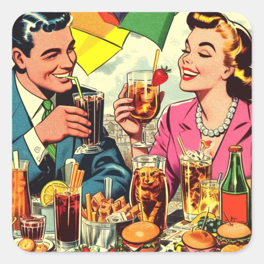 Retro Couple Drinks Comic Quadratischer Aufkleber (Vorderseite)