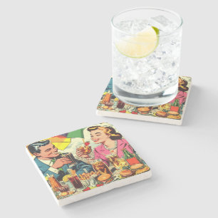 Retro Couple Drinks Comic Steinuntersetzer