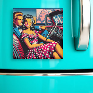 Retro Couple in Car am Drive in Movie Magnet