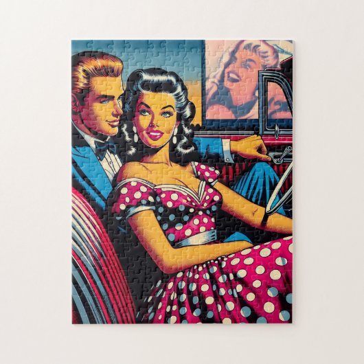Retro Couple in Car am Drive in Movie Puzzle (Vertikal)