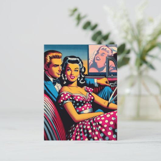 Retro Couple in Car am Drive in Movie Theater Postkarte (Stehend Vorderseite)