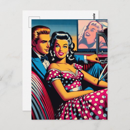 Retro Couple in Car am Drive in Movie Theater Postkarte (Vorne/Hinten)