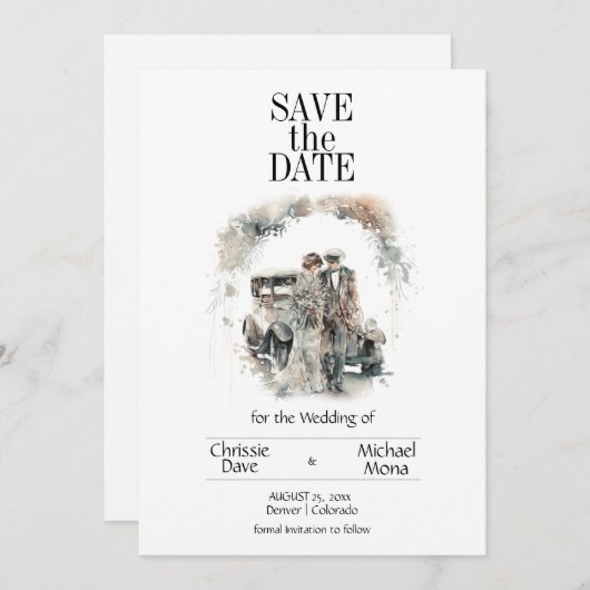 Retro Couple in Pastel Wedding Save The Date (Vorne/Hinten)