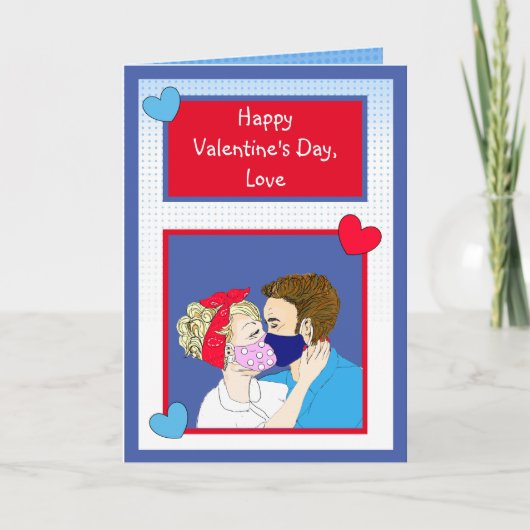 Retro Couple Kissing mit Facemask Valentinstag Karte (Vorderseite)