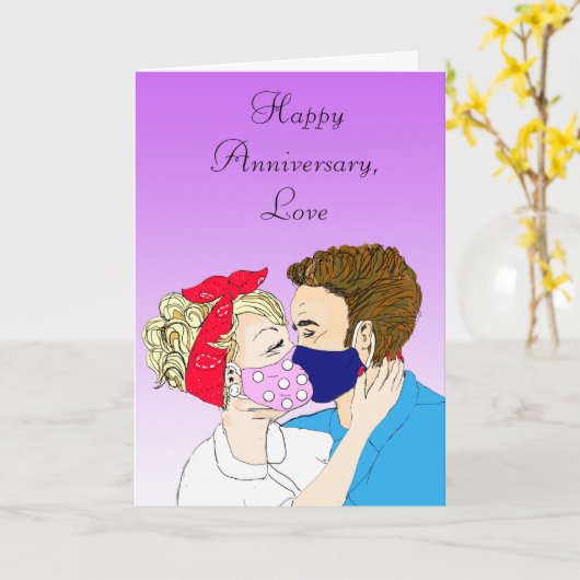 Retro Couple Kissing mit Facemasken auf Karte (Gelbe Blume)