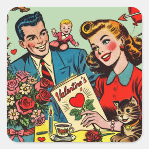 Retro Couple Liebe Valentine's Comicen Quadratischer Aufkleber