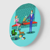 Retro Couple with Dog Acrylic Wall Clock Große Wanduhr (Winkel)