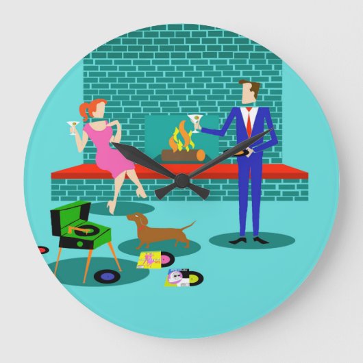 Retro Couple with Dog Acrylic Wall Clock Große Wanduhr (Vorderseite)