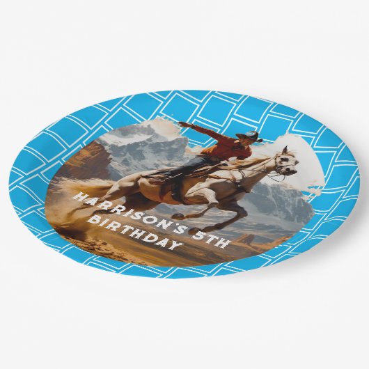 Retro Cowboy and Pferd Western Pappteller (Schrägansicht)