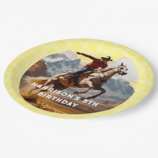 Retro Cowboy and Pferd Western Pappteller (Schrägansicht)