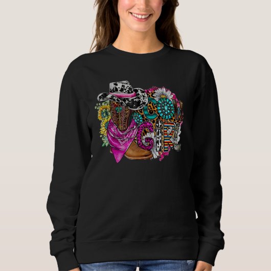Retro Cowgirl Boots Hat Sunflower Turquoise Wester Sweatshirt (Vorderseite)