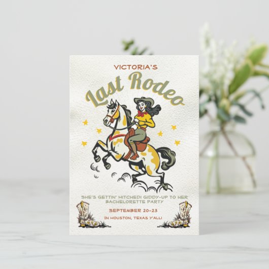 Retro Cowgirl Last Rodeo Junggeselinnen-Abschied Einladung (Stehend Vorderseite)