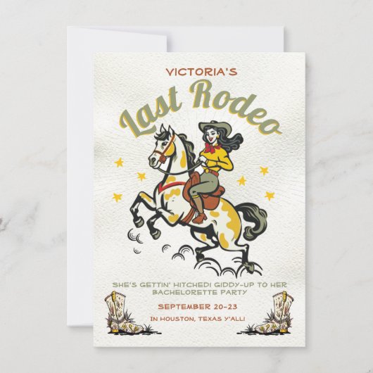 Retro Cowgirl Last Rodeo Junggeselinnen-Abschied Einladung (Vorderseite)