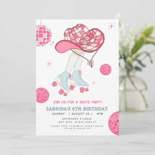 Retro Cowgirl Rollerskating Einladung zum Geburtst (Stehend Vorderseite)