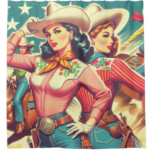 Retro-Cowgirls Button-ups Duschvorhang (Vorderseite)