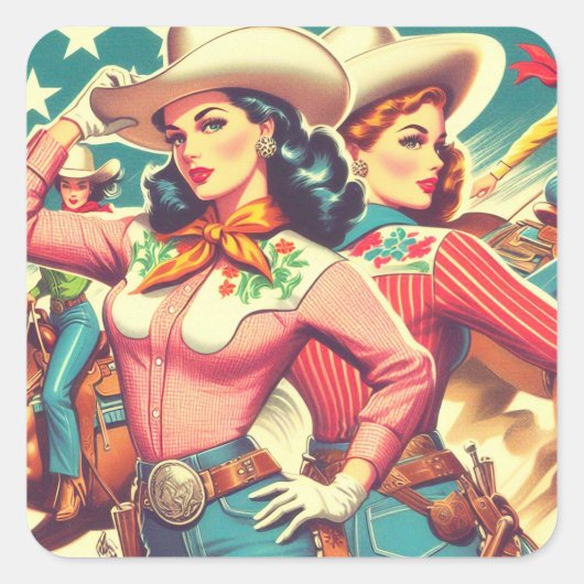 Retro-Cowgirls Button-ups Quadratischer Aufkleber (Vorderseite)