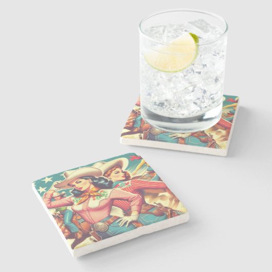 Retro-Cowgirls Button-ups Steinuntersetzer (Seitenansicht)