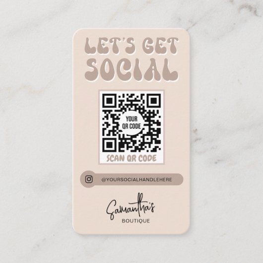 Retro Creme Beige Trendy Logo Social Media QR Code Visitenkarte (Vorderseite)