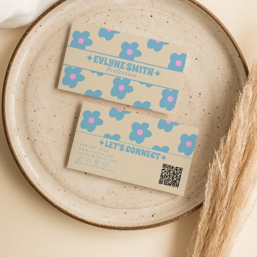 Retro Creme Blau QR Code Groovy Floral Boho Einzig Visitenkarte