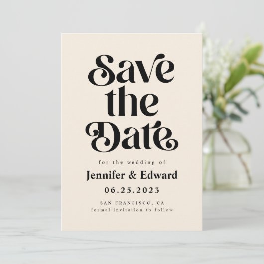 Retro-Creme-Hochzeit speichert das Datum Save The Date (Stehend Vorderseite)